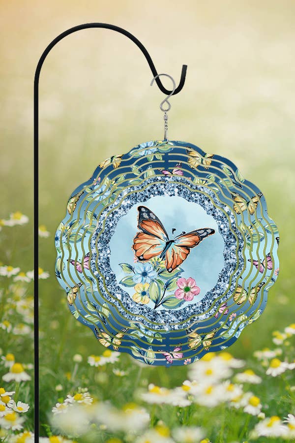 Colorful 10-inch aluminum wind spinner featuring an orange butterfly design, perfect for spring home decor.