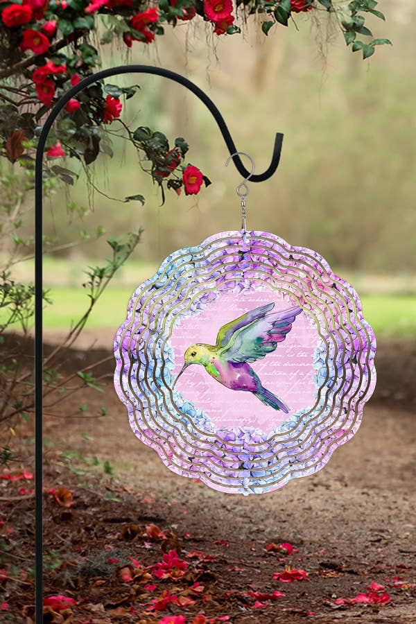 Colorful 10-inch double-sided wind spinner featuring a hummingbird design in pink, purple, and green, perfect for spring home decor.