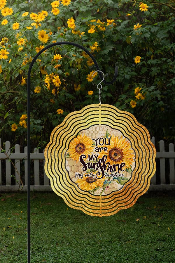 A vibrant 10-inch aluminum wind spinner featuring the phrase 'You are My Sunshine', designed for spring home decor.