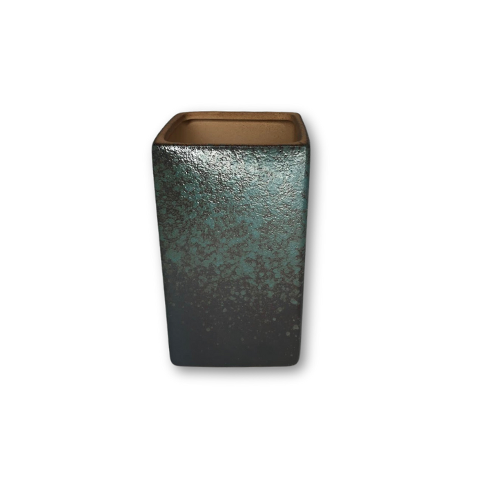 Square flower pot featuring a black to teal gradient, perfect for small plants with a drainage hole.