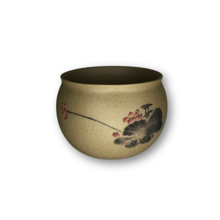 Tan Asian style pot featuring a delicate pink flower design, perfect for small plants.