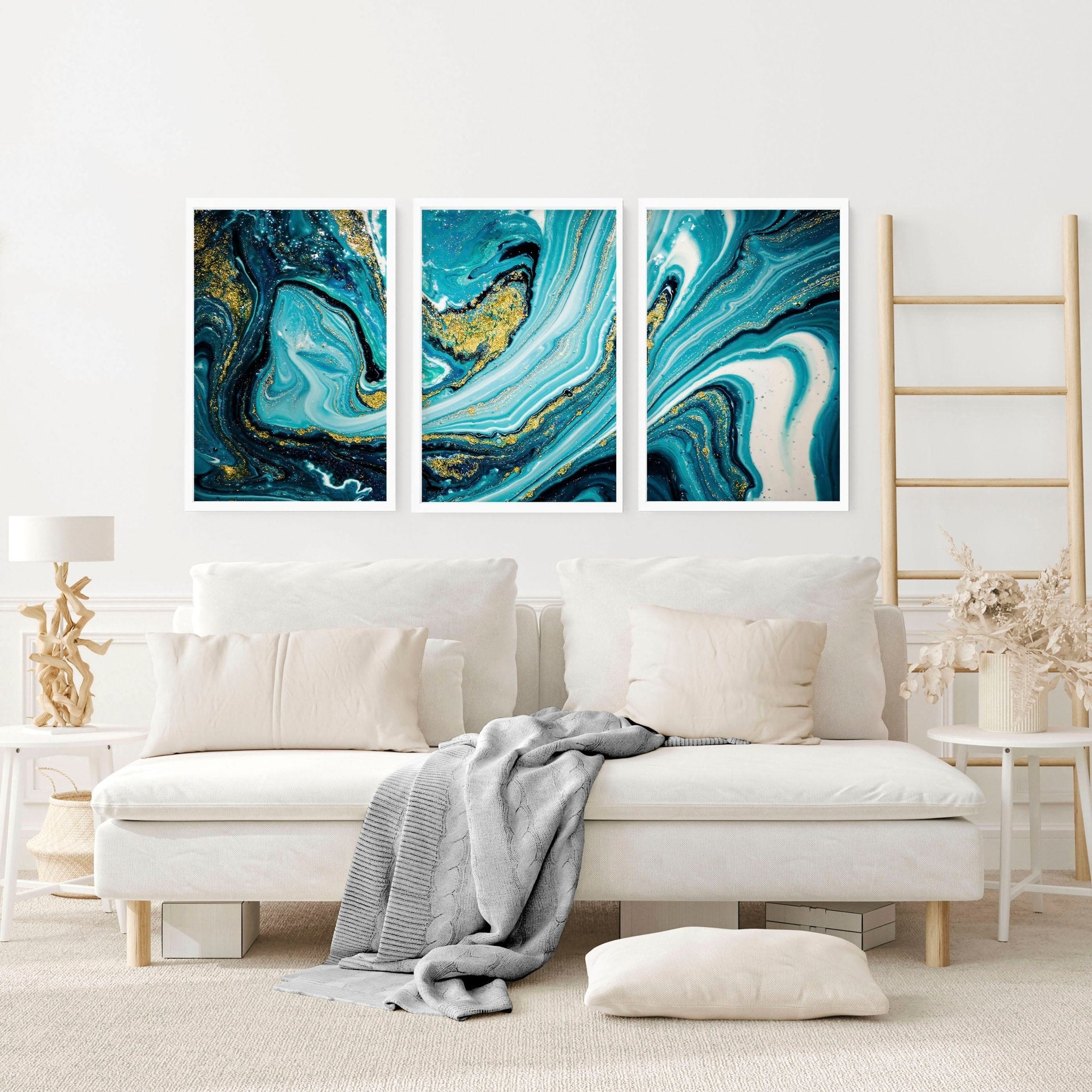 Set of three abstract marble teal wall art prints featuring swirling teal hues, perfect for contemporary home decor.