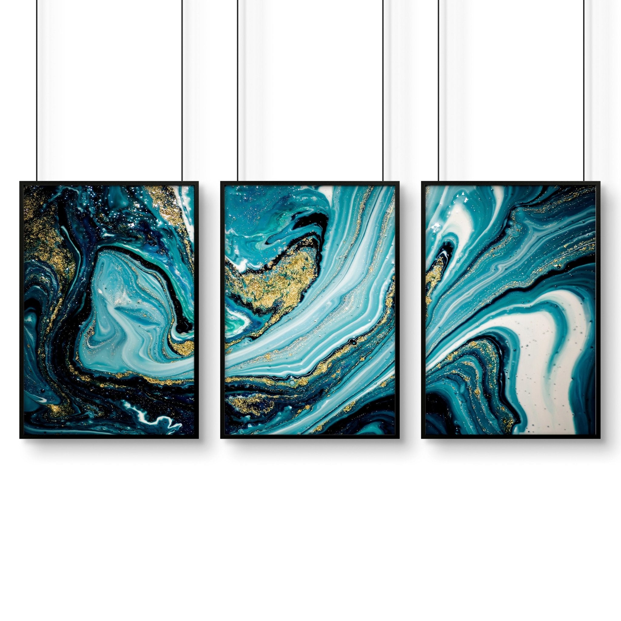 Set of three abstract marble teal wall art prints featuring swirling teal hues, perfect for contemporary home decor.