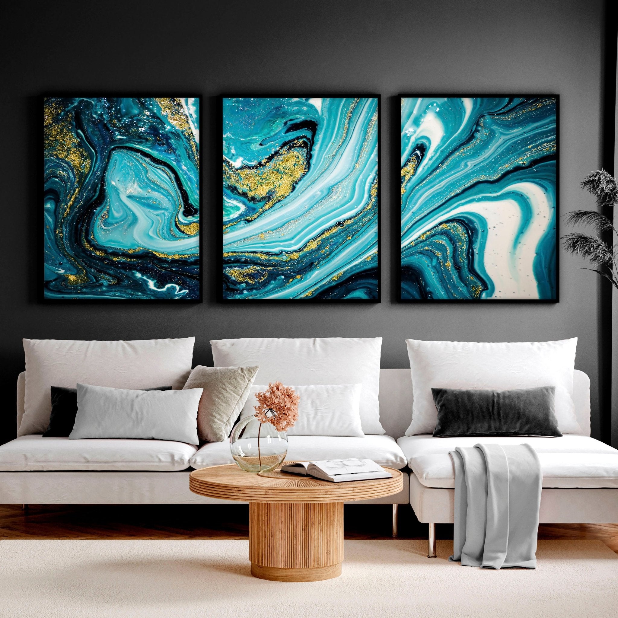 Set of three abstract marble teal wall art prints featuring swirling teal hues, perfect for contemporary home decor.