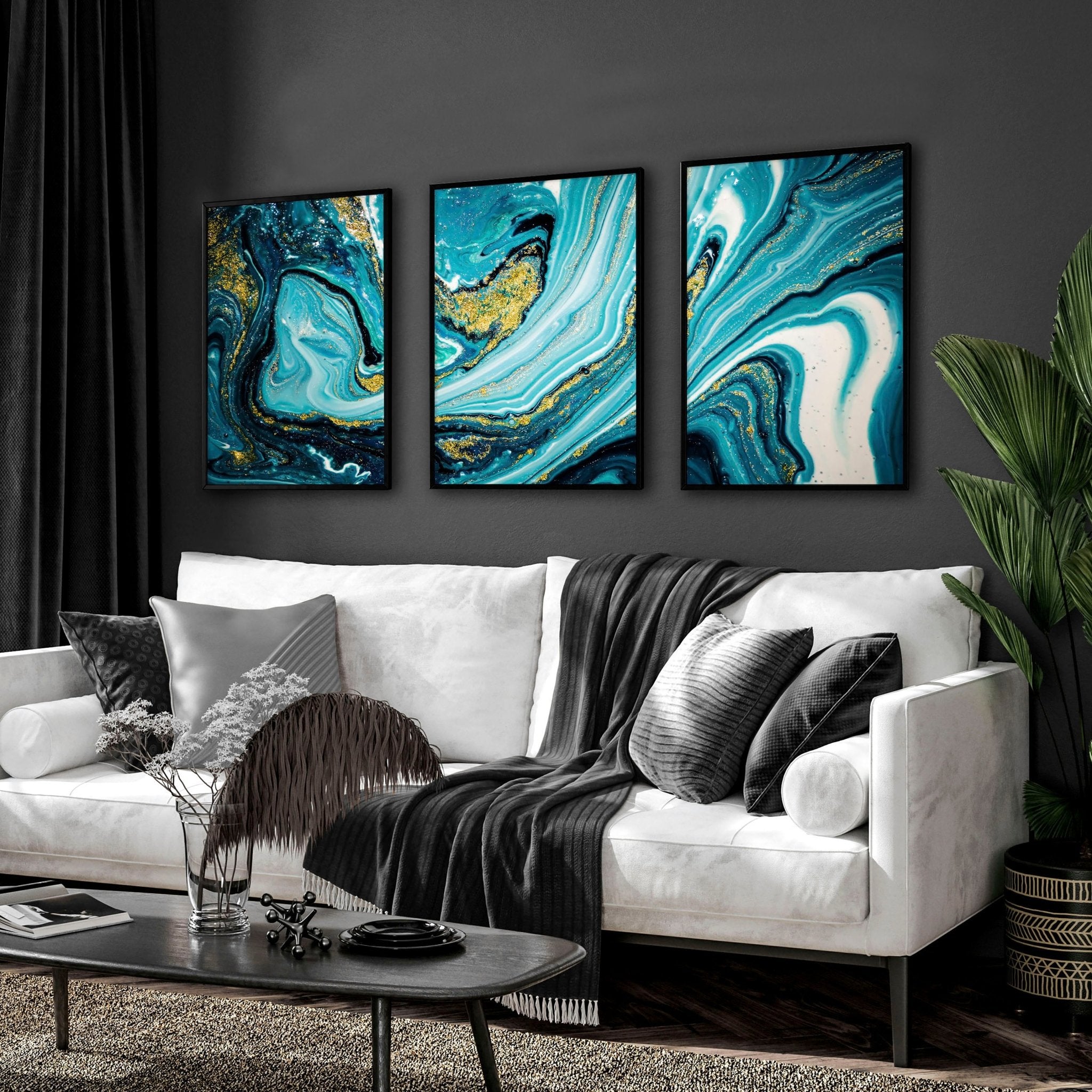 Set of three abstract marble teal wall art prints featuring swirling teal hues, perfect for contemporary home decor.
