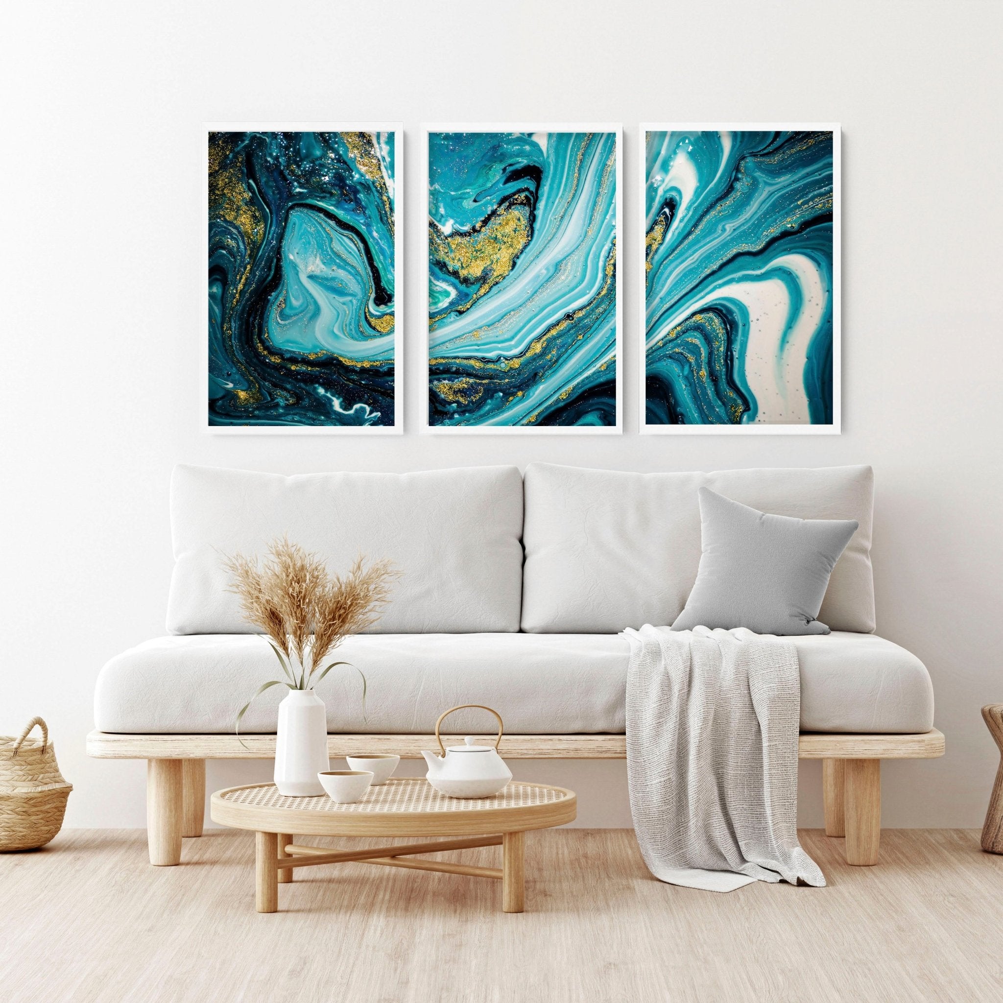 Set of three abstract marble teal wall art prints featuring swirling teal hues, perfect for contemporary home decor.