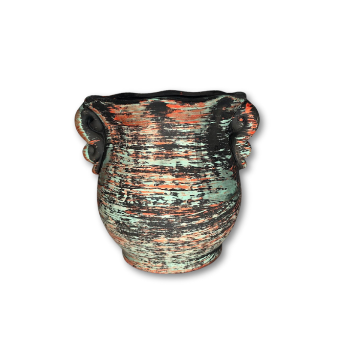 Teal, orange, and black brushed pot with a rustic finish, featuring a drain hole at the bottom, ideal for small plants.
