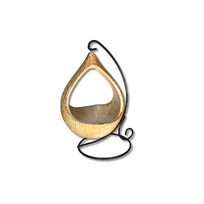 Teardrop shaped hanging flower pot with a sturdy stand, showcasing vibrant indoor plants.