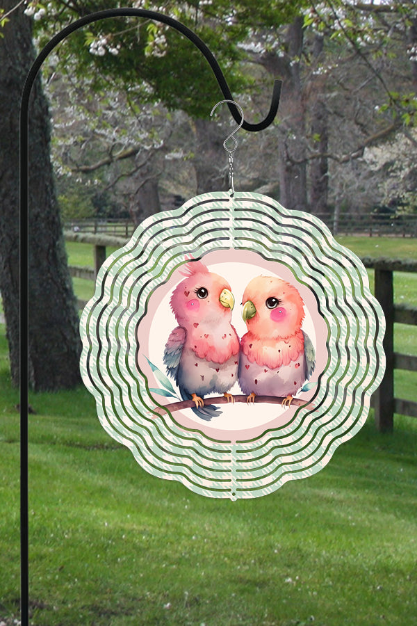 Colorful 10-inch aluminum wind spinner featuring cute birds and hearts, perfect for Valentine's Day decor.