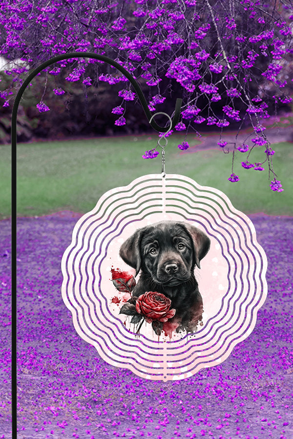 A vibrant 10-inch double-sided wind spinner featuring a black pup design, perfect for Valentine's Day garden decor.