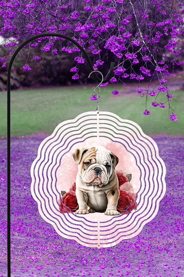 A colorful 10-inch double-sided Bulldog wind spinner designed for Valentine's Day garden decor, featuring vibrant sublimation dye and a hanging hook.