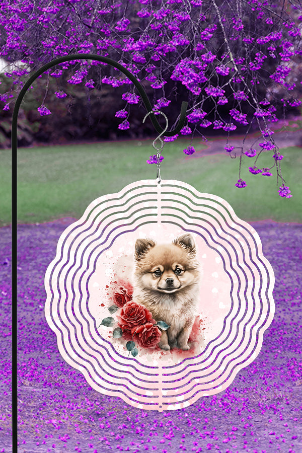 10-inch double-sided aluminum wind spinner featuring a colorful Pomeranian design, perfect for Valentine's Day garden decor.