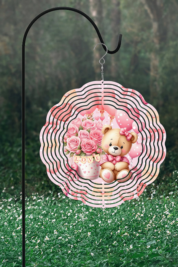 10-inch aluminum double-sided wind spinner featuring teddy bears and hearts, perfect for Valentine's Day decor.