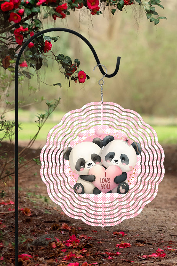 A colorful 10-inch double-sided wind spinner featuring adorable pandas and hearts, perfect for Valentine's Day decor.