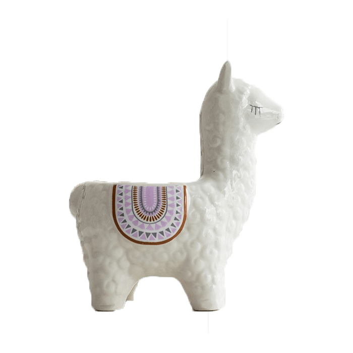 A charming white ceramic succulent planter shaped like an alpaca or llama, featuring a forward-facing design, perfect for adding personality to any room.