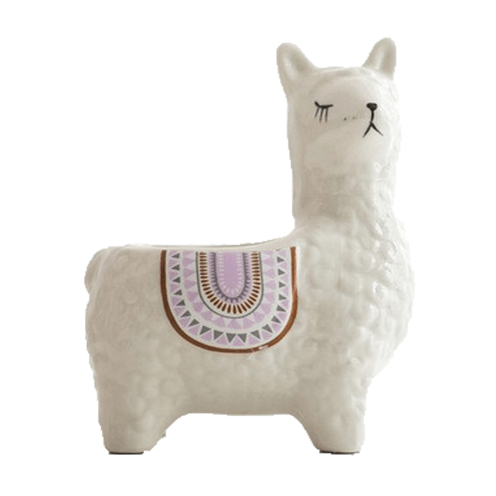 White ceramic succulent planter shaped like an alpaca or llama head, featuring a smooth glazed finish and drainage hole.