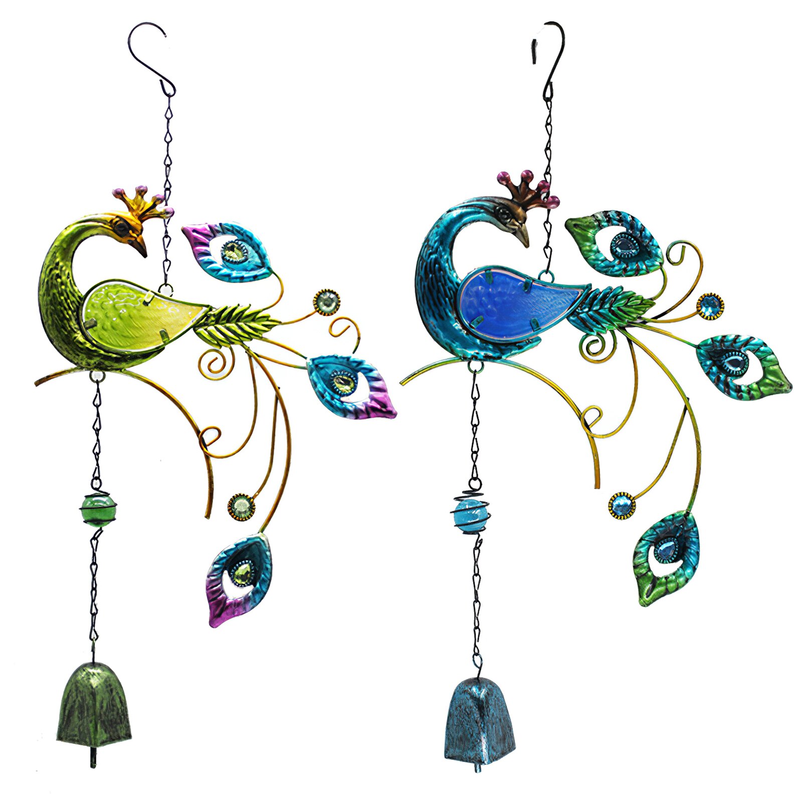 A beautifully crafted peacock-shaped wind chime, featuring vibrant colors and intricate details, hanging gracefully in a gentle breeze.