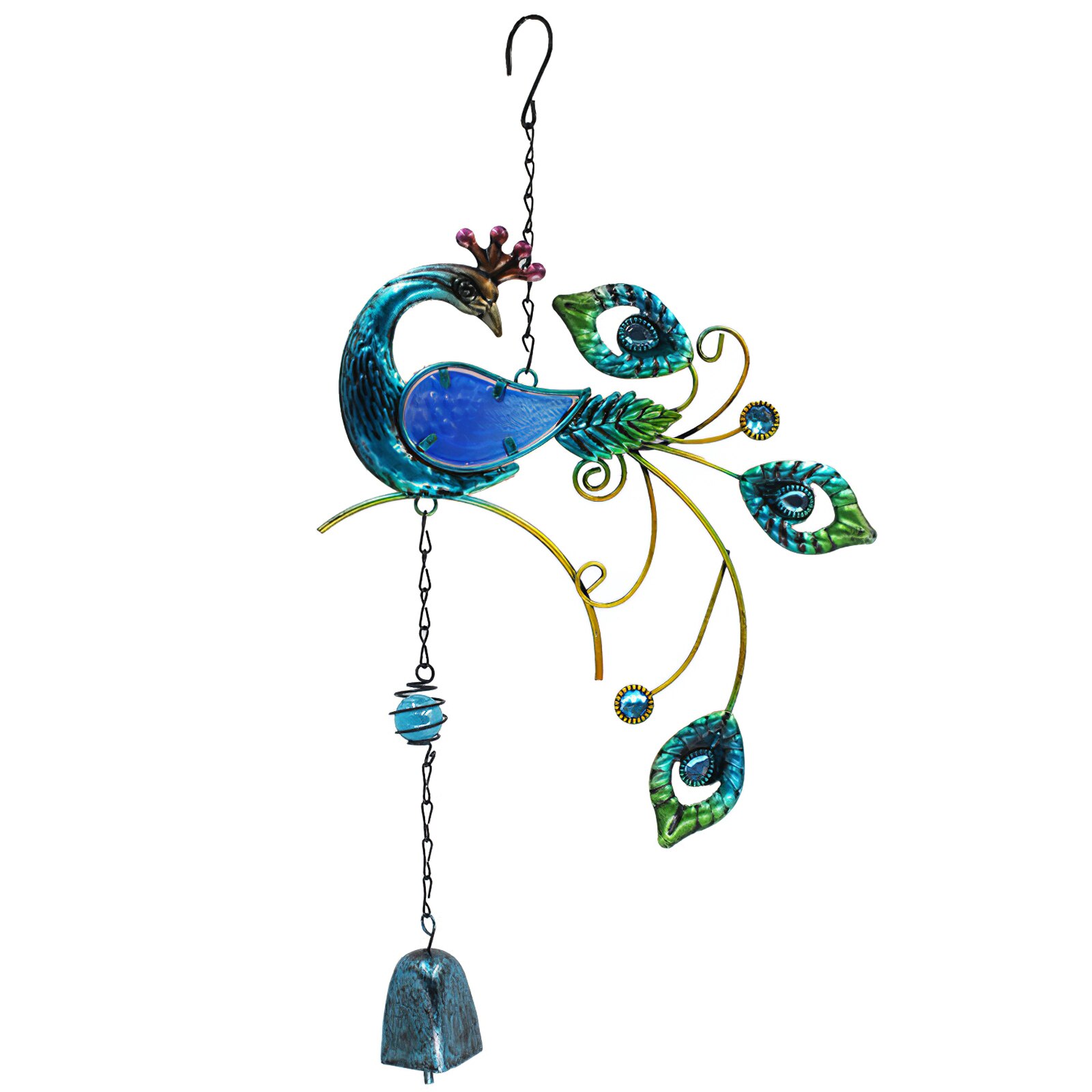 A beautifully crafted peacock-shaped wind chime, featuring vibrant colors and intricate details, hanging gracefully in a gentle breeze.