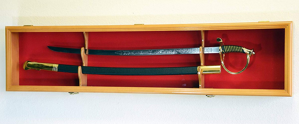 Lockable solid hardwood sword display case with felt background, showcasing a sword and scabbard.