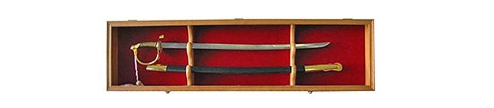 Elegant solid wood sword display case with hinged glass door, showcasing a sword inside.