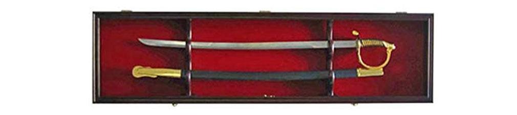 Elegant solid wood sword display case with hinged glass door, showcasing various swords securely.