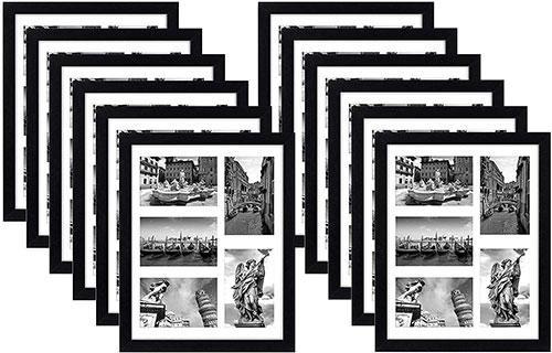 A set of 12 black 11x14 collage picture frames displaying five 4x6 inch photos each, featuring white beveled mats and shatterproof glass fronts.