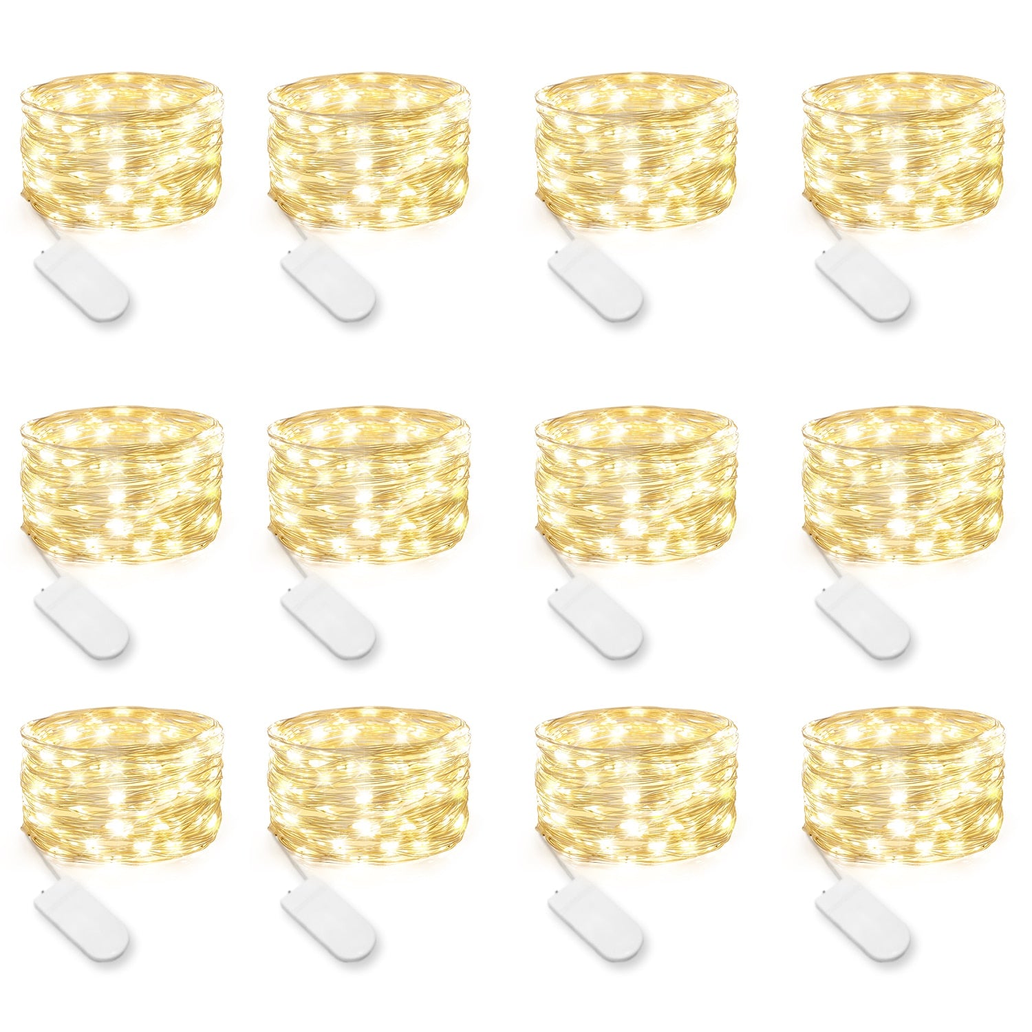 A collection of 12 pack battery-operated LED fairy lights in various colors, perfect for indoor and outdoor decoration.