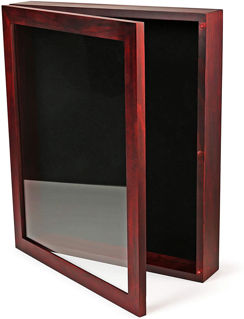 A 12x15x2 Shadow Box Display Case featuring a cherry red frame and black linen interior, showcasing memorabilia like jerseys and military uniforms.
