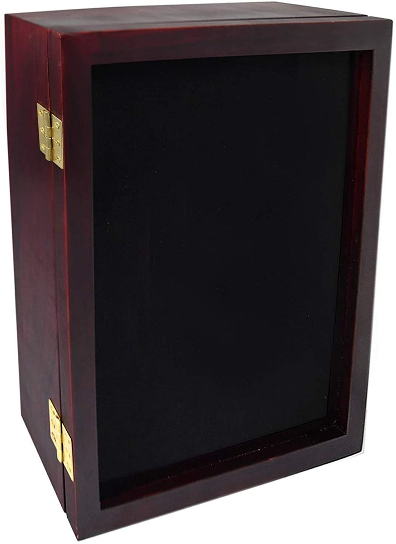 14x17x2 Shadow Box Display Case with black linen interior and cherry red frame, showcasing memorabilia like jerseys and medals.