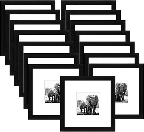 A collection of 15 black 8x8 picture frames displaying various 4x4 photos with white beveled mats, suitable for wall or tabletop display.