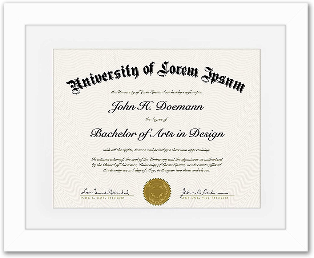 11x14 black diploma frame displaying an 8.5x11 diploma with a white beveled mat, featuring shatter-resistant glass and a sturdy wood construction.