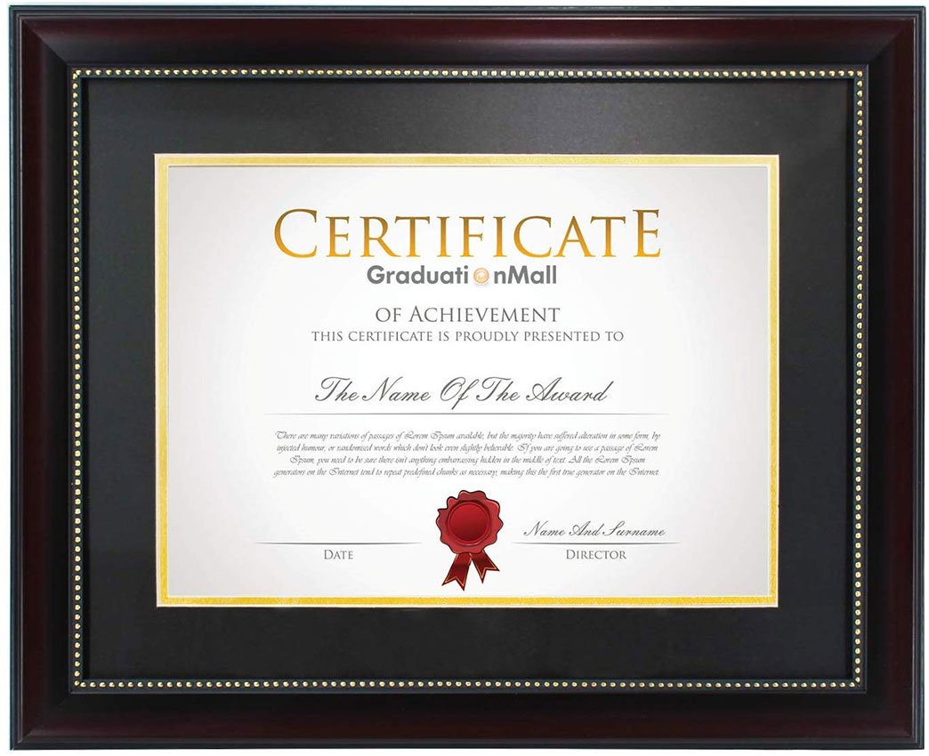 Elegant 11x14 diploma frame with black over gold mat, showcasing a certificate, made from recycled polystyrene.