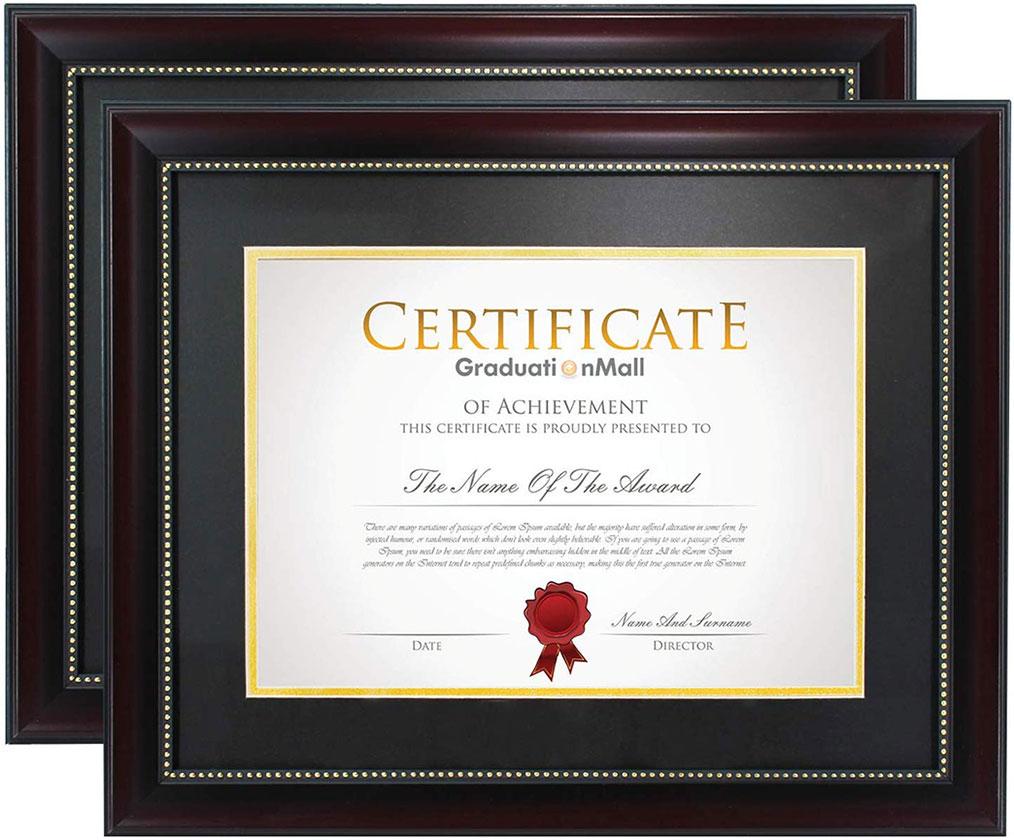 Elegant 11x14 diploma frame with black over gold mat, showcasing a certificate, made from recycled polystyrene with a red wood grain finish.