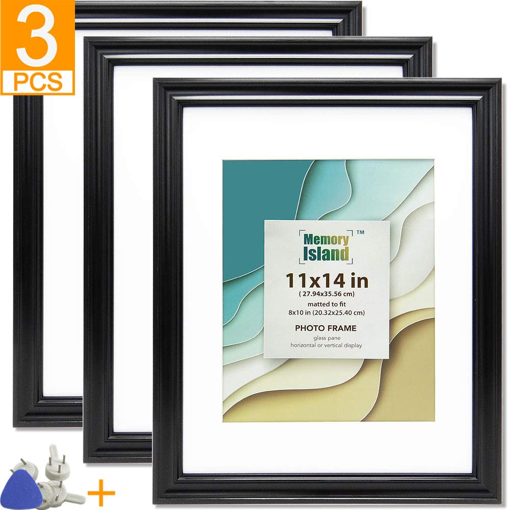 Set of three 11x14 picture frames with 8x10 mat, showcasing a classic black design suitable for wall decor.