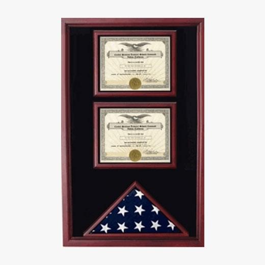 Handmade 2 Certificates Flag Display Case in Cherry wood, showcasing a 3" x 5" flag and two military certificates, protected by Plexiglass.