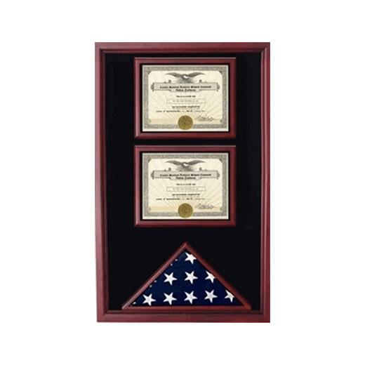 Elegant 2 Documents Flag Display Case made of Cherry or Oak wood, showcasing an American flag and military documents with Plexiglass protection.