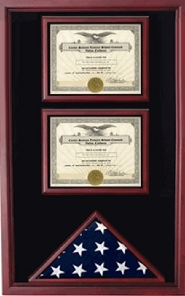 A beautifully crafted 2 Documents Flag Display Case made of Cherry or Oak wood, showcasing military documents and an American flag, protected by Plexiglass.
