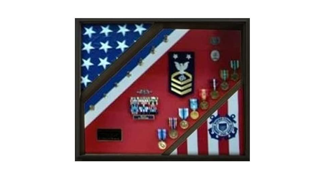 Elegant 2 Flag Display Case for Coast Guard memorabilia, featuring a Cherry finish and customizable background colors.