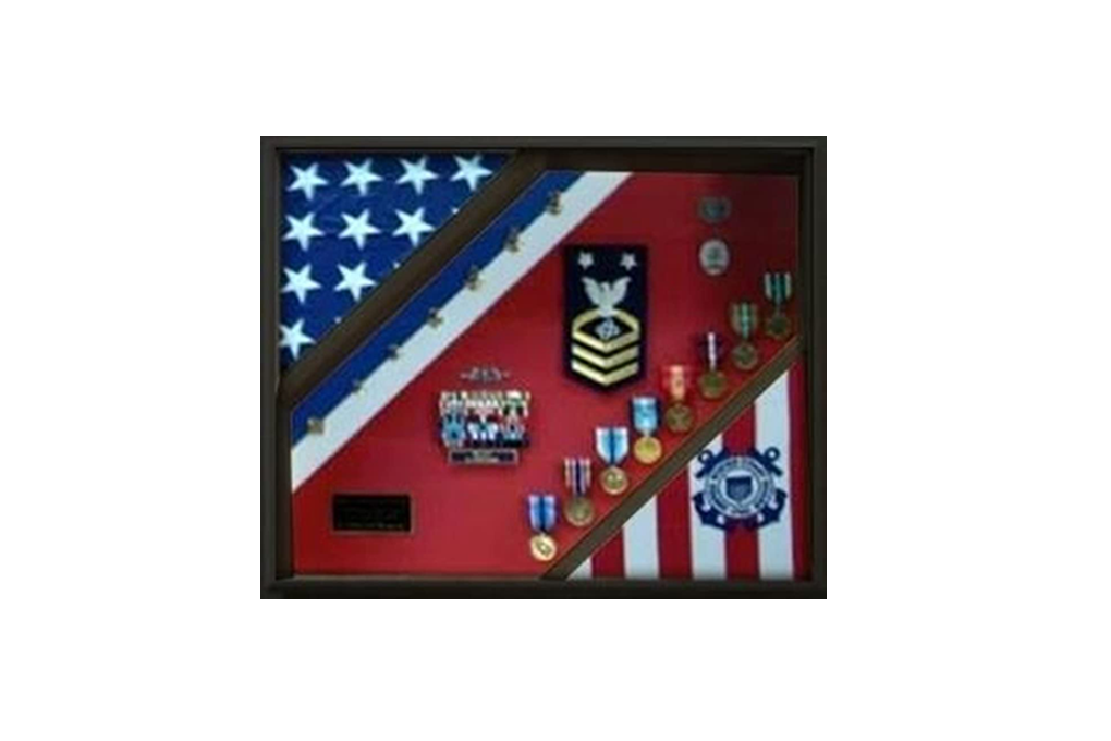 A beautifully crafted 2 Flag Display Case for USCG memorabilia, featuring a cherry finish and space for two 3'x5' flags.