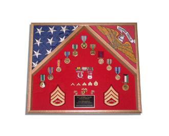 2 Flag Military Shadow Box displaying two flags with a red background, crafted from Red Oak, Walnut, or Cherry.