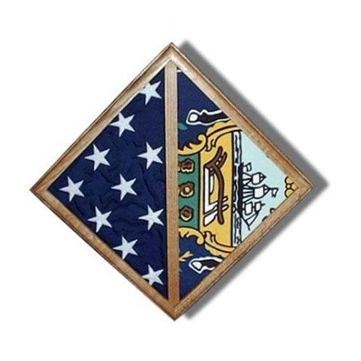 Handcrafted 2 Flags display case, wall-mounted, designed for two 3' x 5' flags, made by a veteran in the U.S.A.