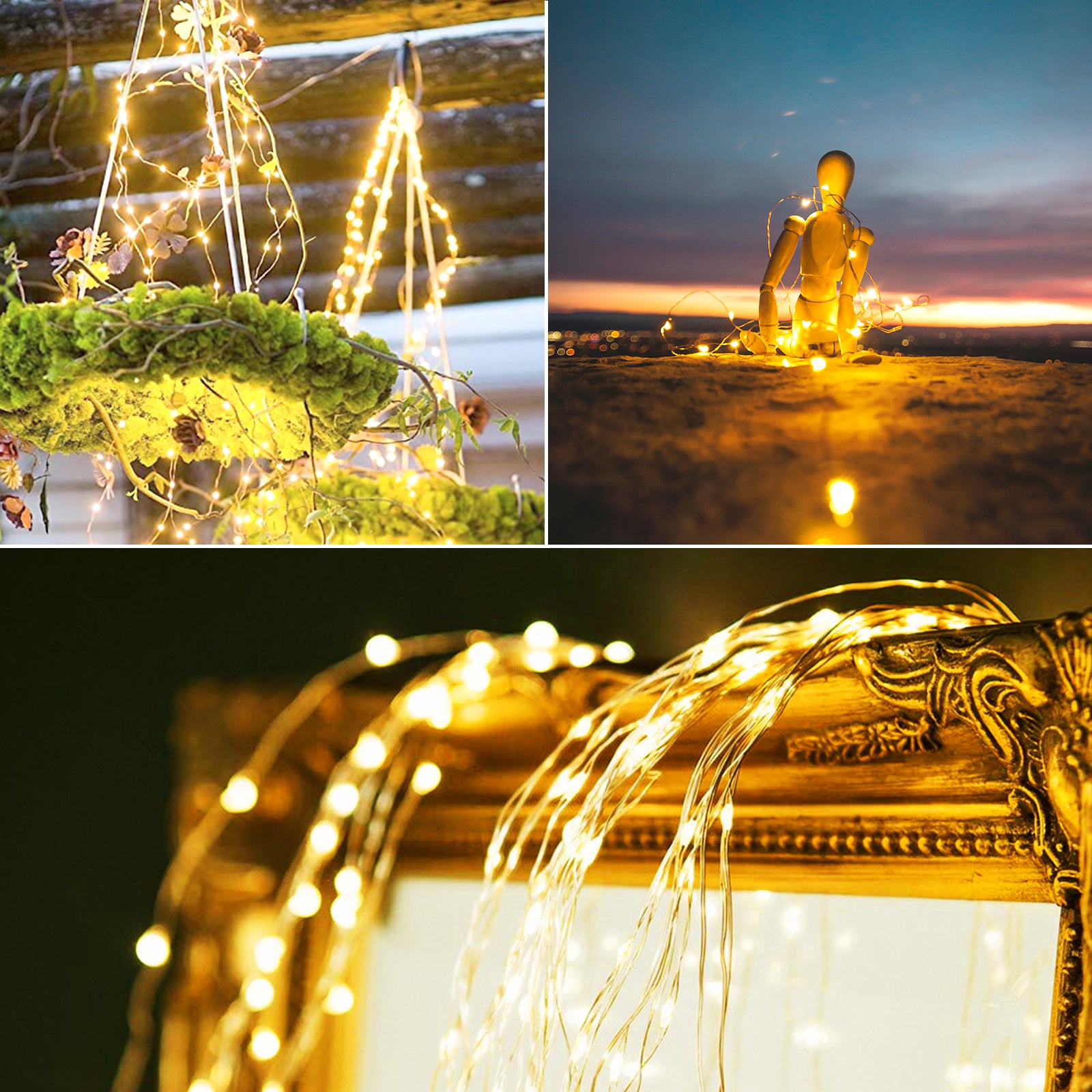 Two packs of 33FT 100 LED solar string lights designed for outdoor and indoor decoration, showcasing warm white light.