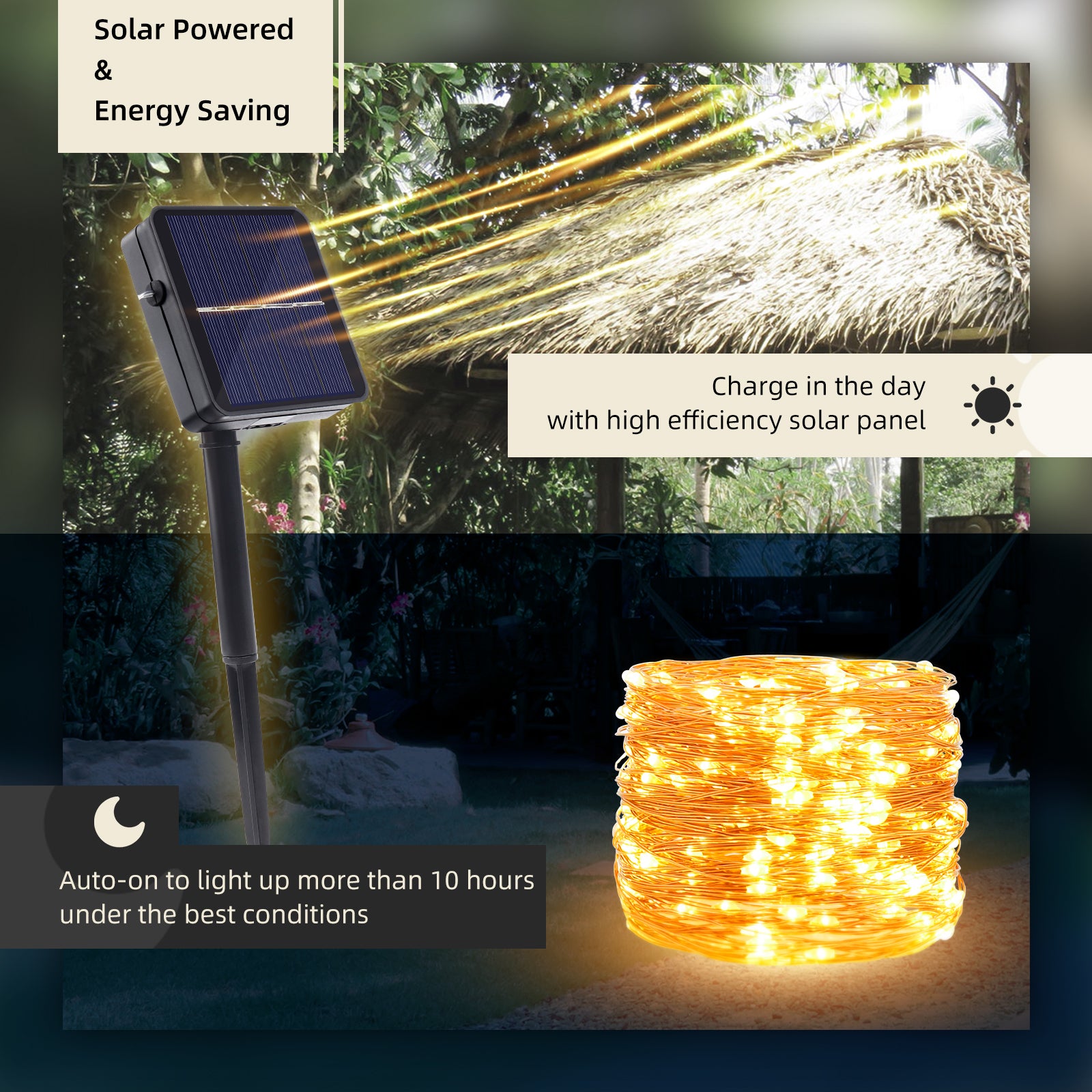 Two packs of 33FT 100 LED solar string lights designed for outdoor and indoor decoration, showcasing warm white light.