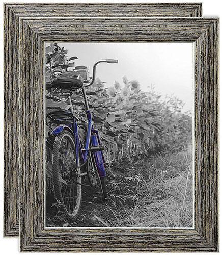 Two tan rustic picture frames designed for 8x10 photos, featuring built-in easels and hanging hardware for versatile display options.
