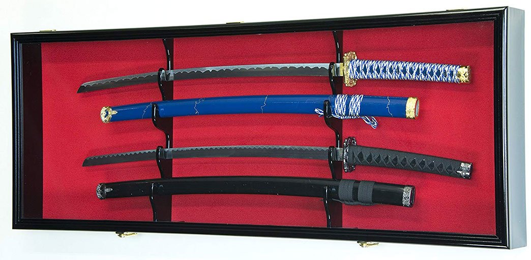 Elegant 2 sword display case made of solid Australian beechwood with LED lighting and UV-protected acrylic door, showcasing two swords securely.