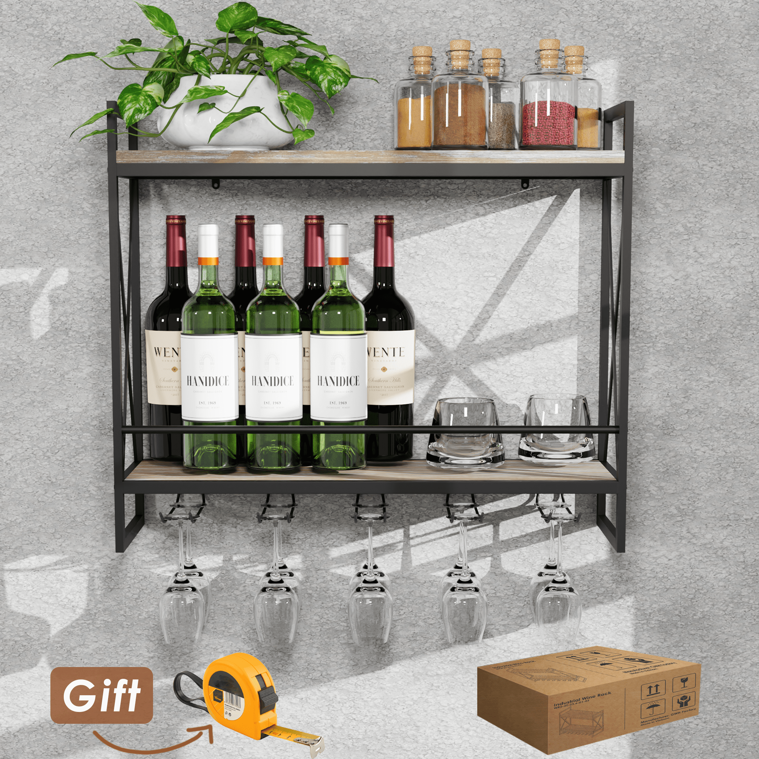 Black industrial wine rack wall mounted, made of solid pine wood and galvanized steel, showcasing wine bottles elegantly.