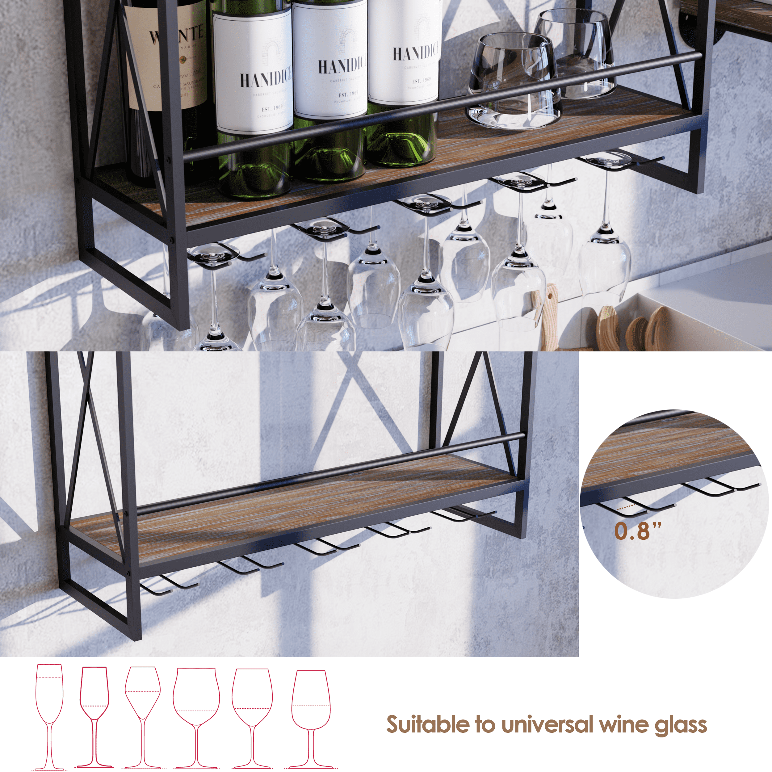 Black industrial wine rack wall mounted, made of solid pine wood and galvanized steel, showcasing wine bottles elegantly.