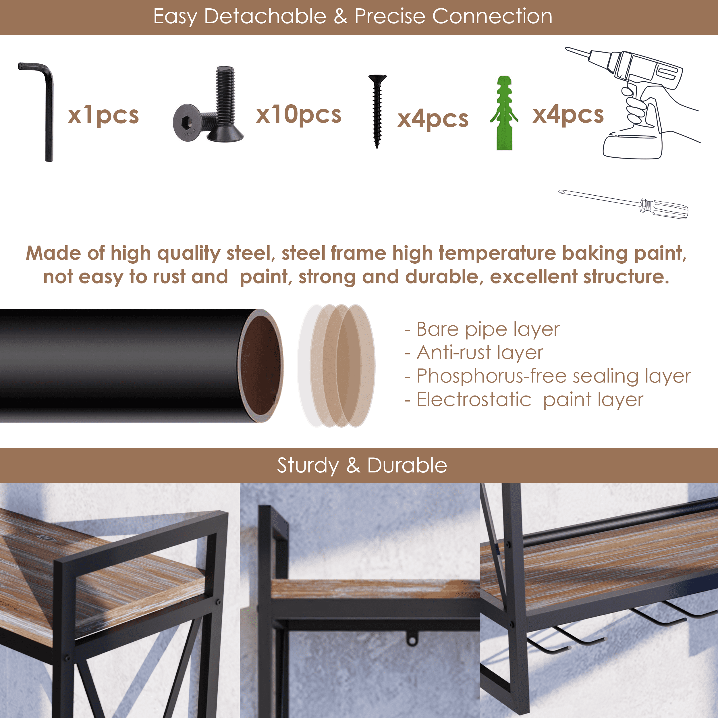 Black industrial wine rack wall mounted, made of solid pine wood and galvanized steel, showcasing wine bottles elegantly.