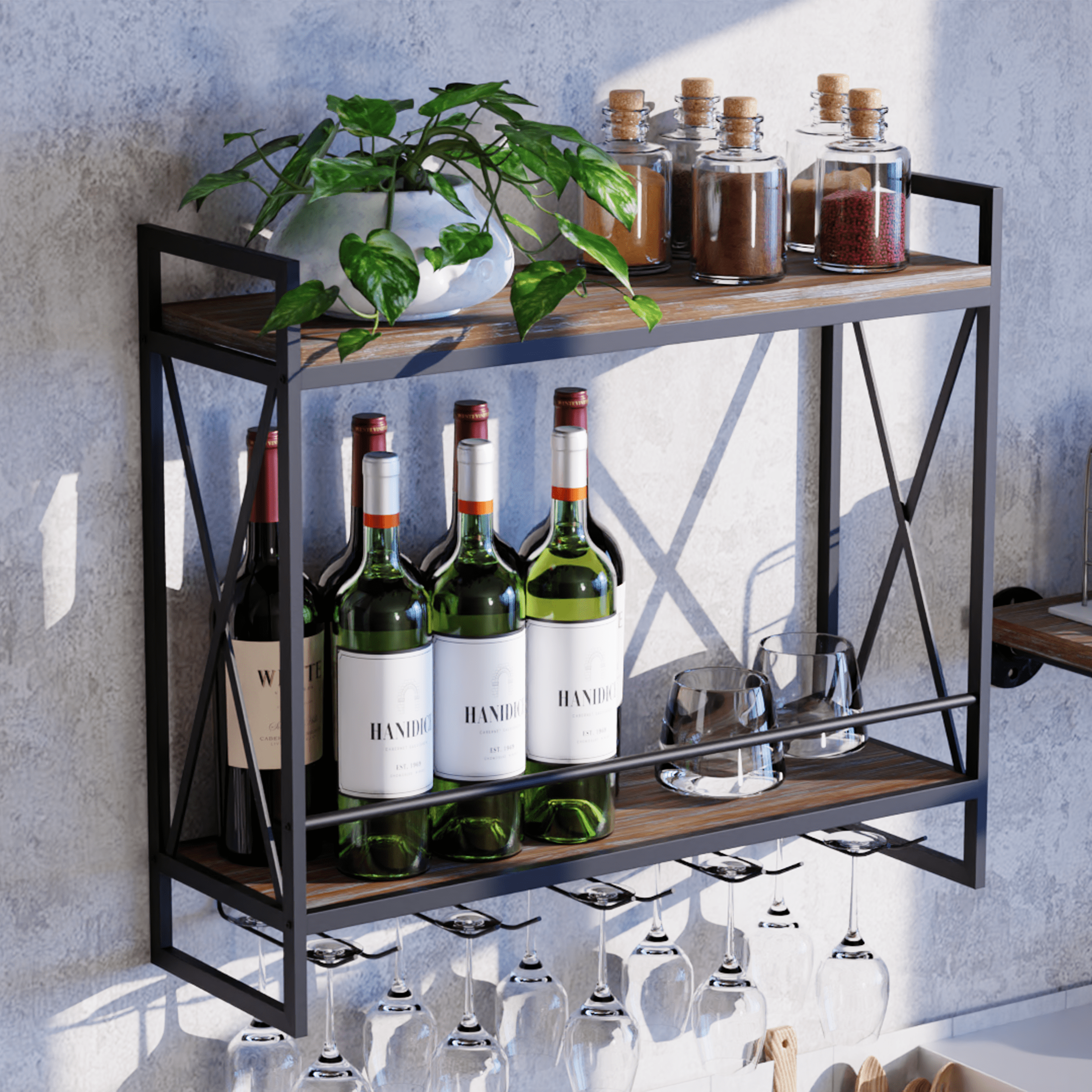 Black industrial wine rack wall mounted, made of solid pine wood and galvanized steel, showcasing wine bottles elegantly.