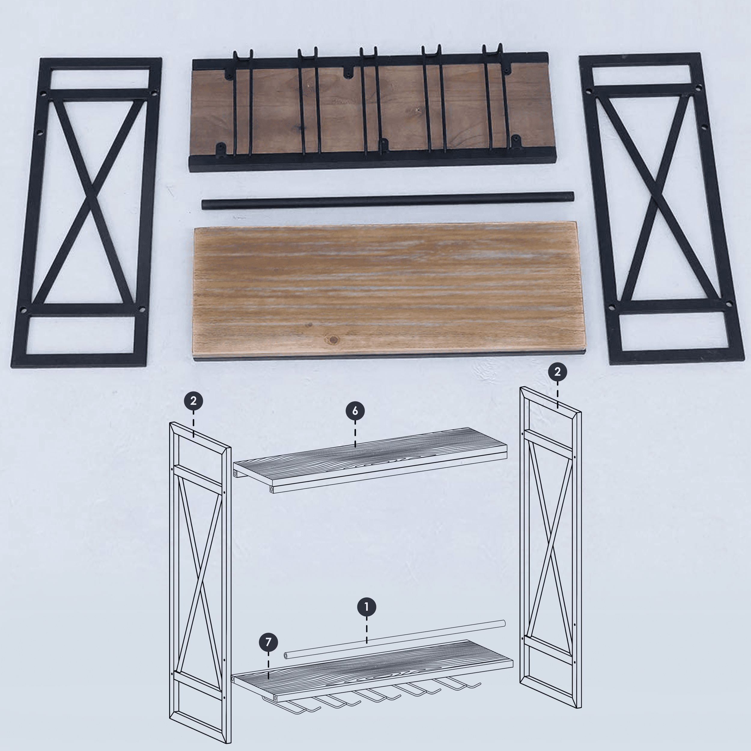 Black industrial wine rack wall mounted, made of solid pine wood and galvanized steel, showcasing wine bottles elegantly.